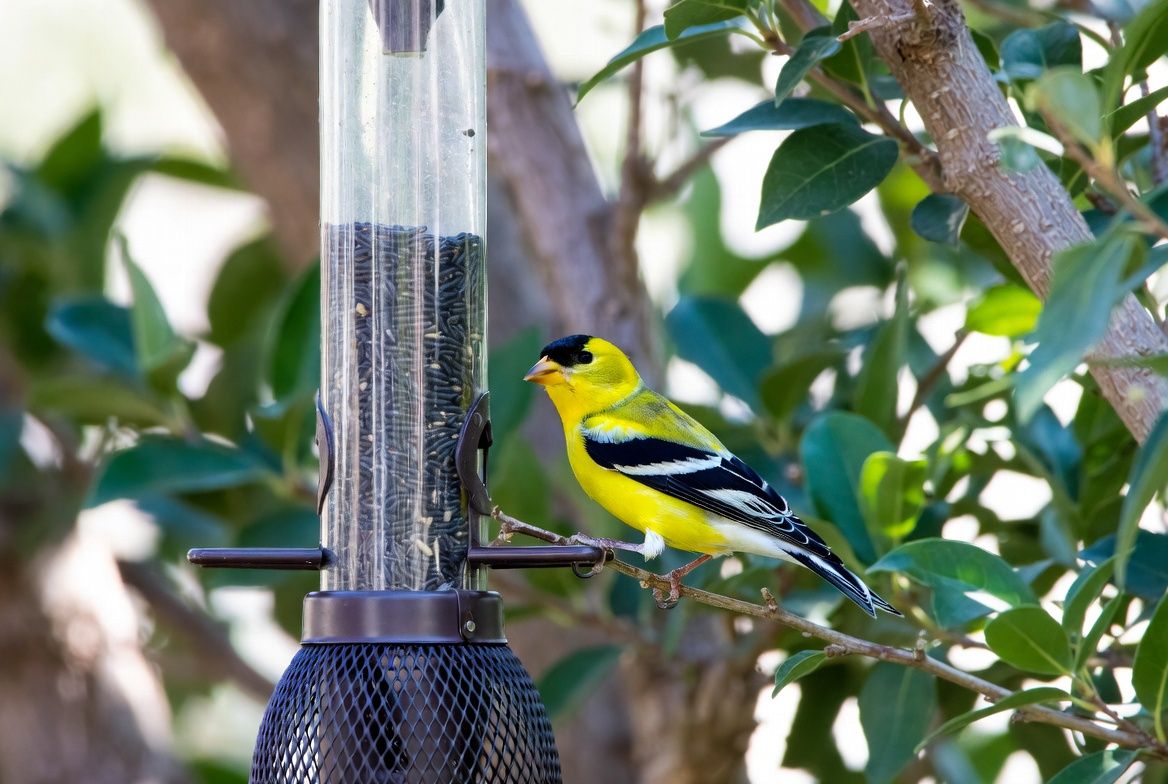 American Goldfinch perched near a backyard feeder with shrubs for cover