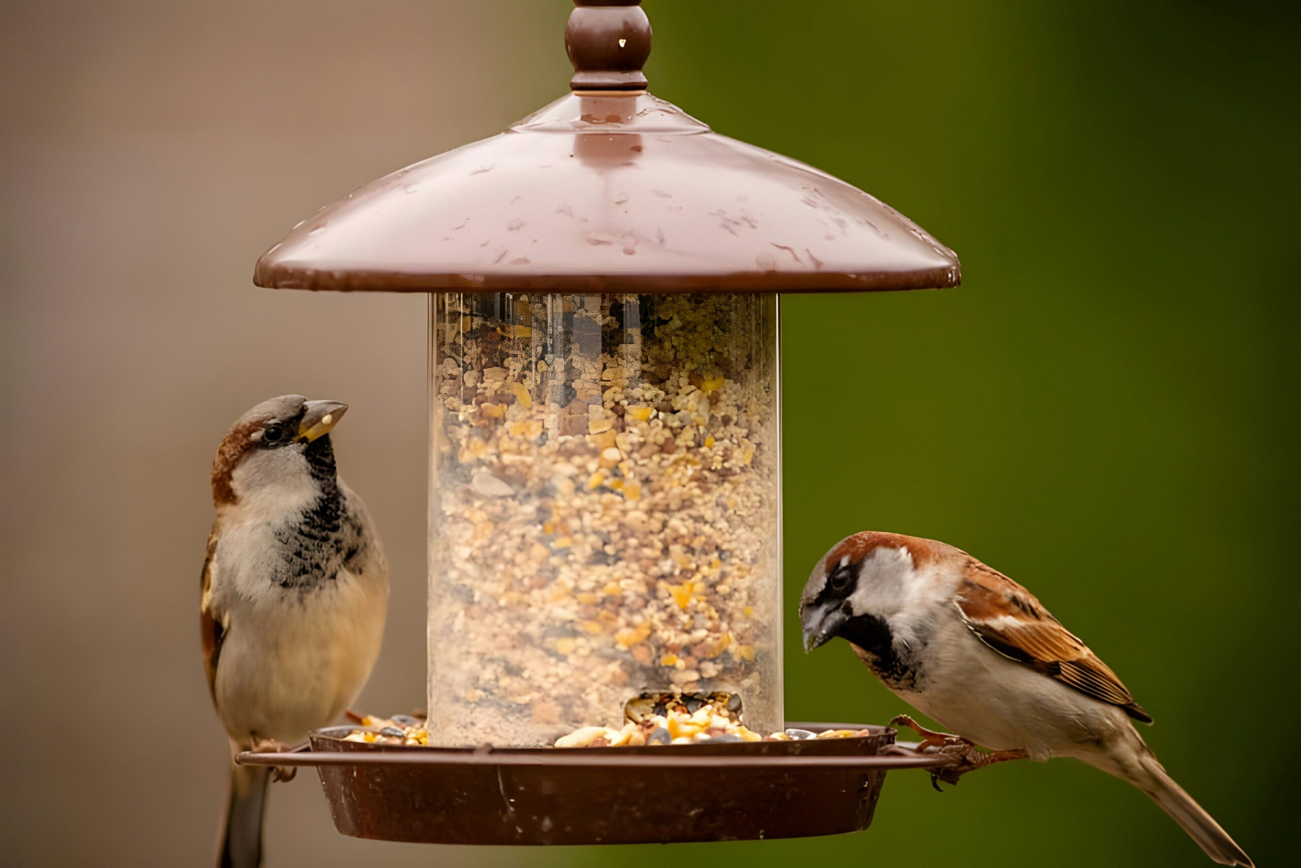 Birds eating from a hopper bird feeder in a backyard