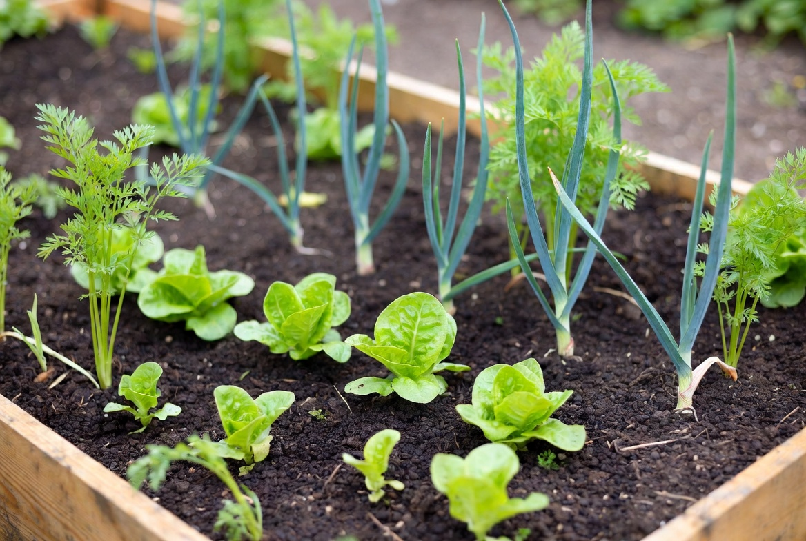 Carrots, lettuce and onions growing together in a raised vegetable garden bed