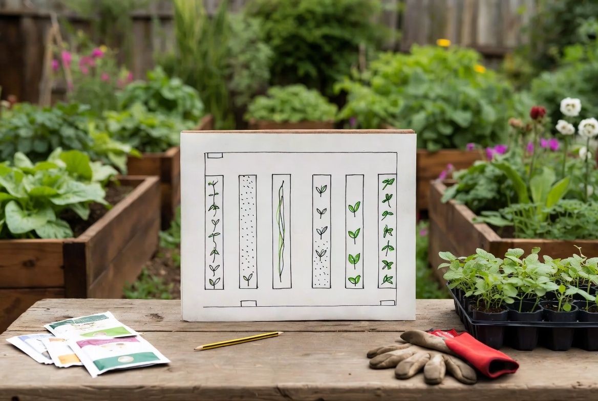 Garden planning sheet on a table beside raised vegetable beds