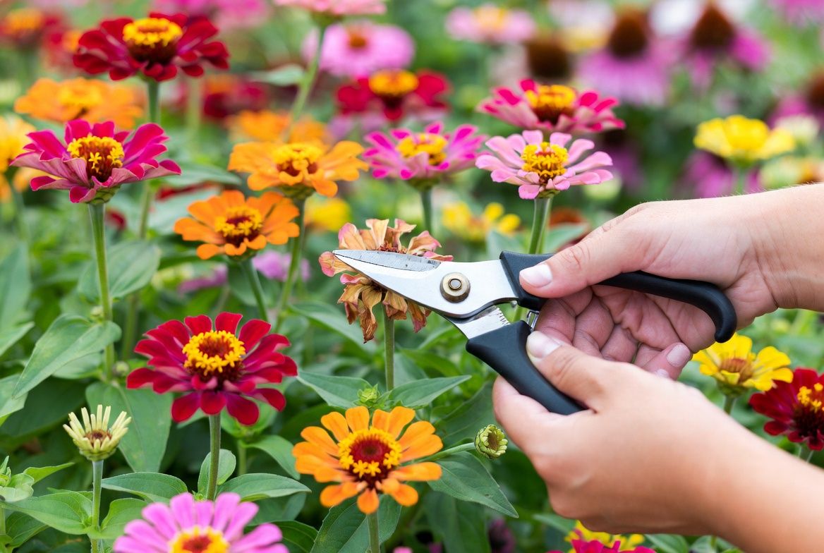 Gardener deadheading spent zinnia flower with pruning snips