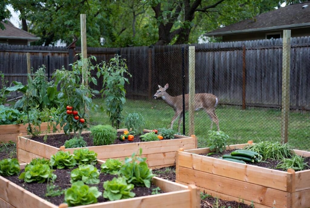 Deer standing outside a fenced backyard vegetable garden