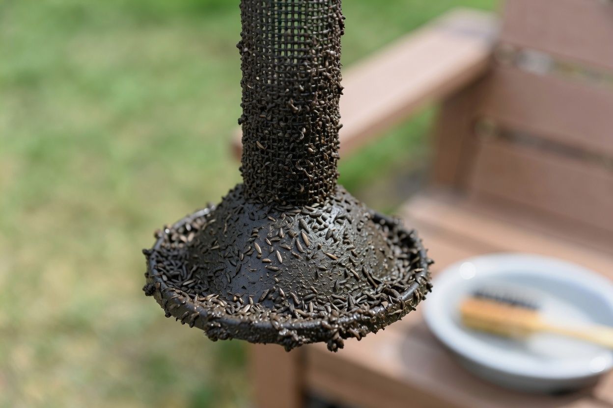 Dirty nyjer feeder with old seed buildup around the base