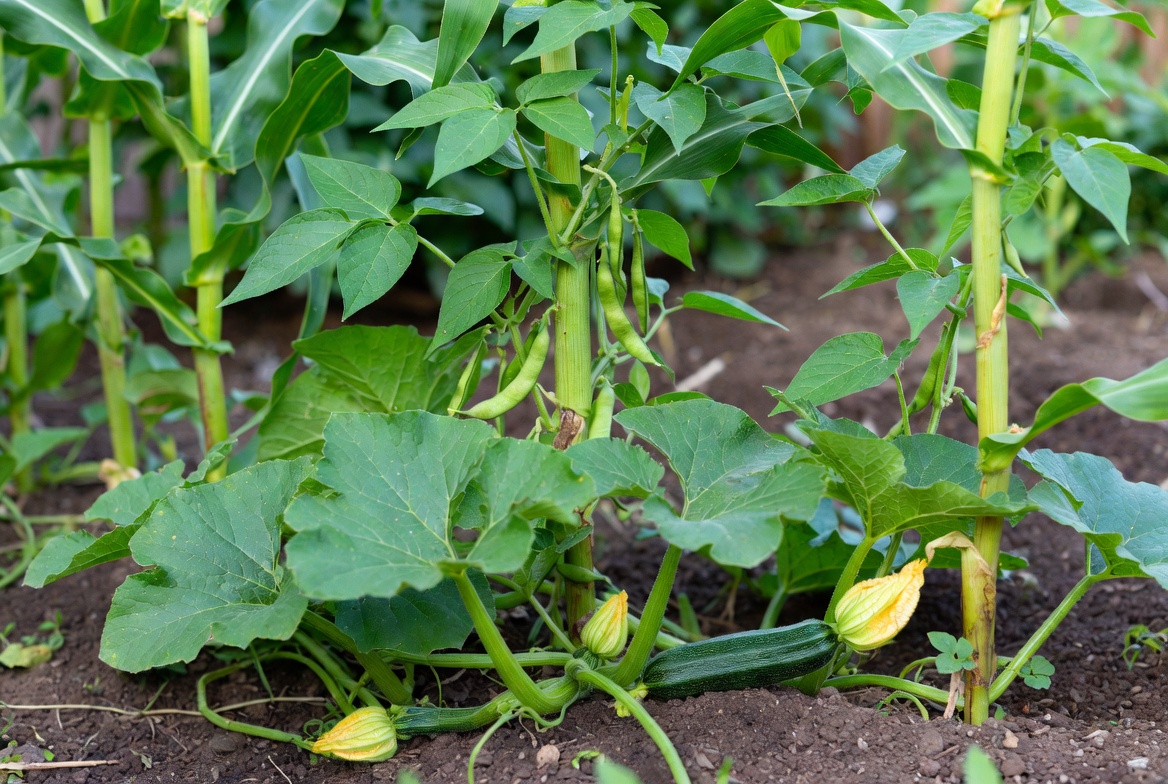Corn, beans and squash growing together in a Three Sisters companion planting garden